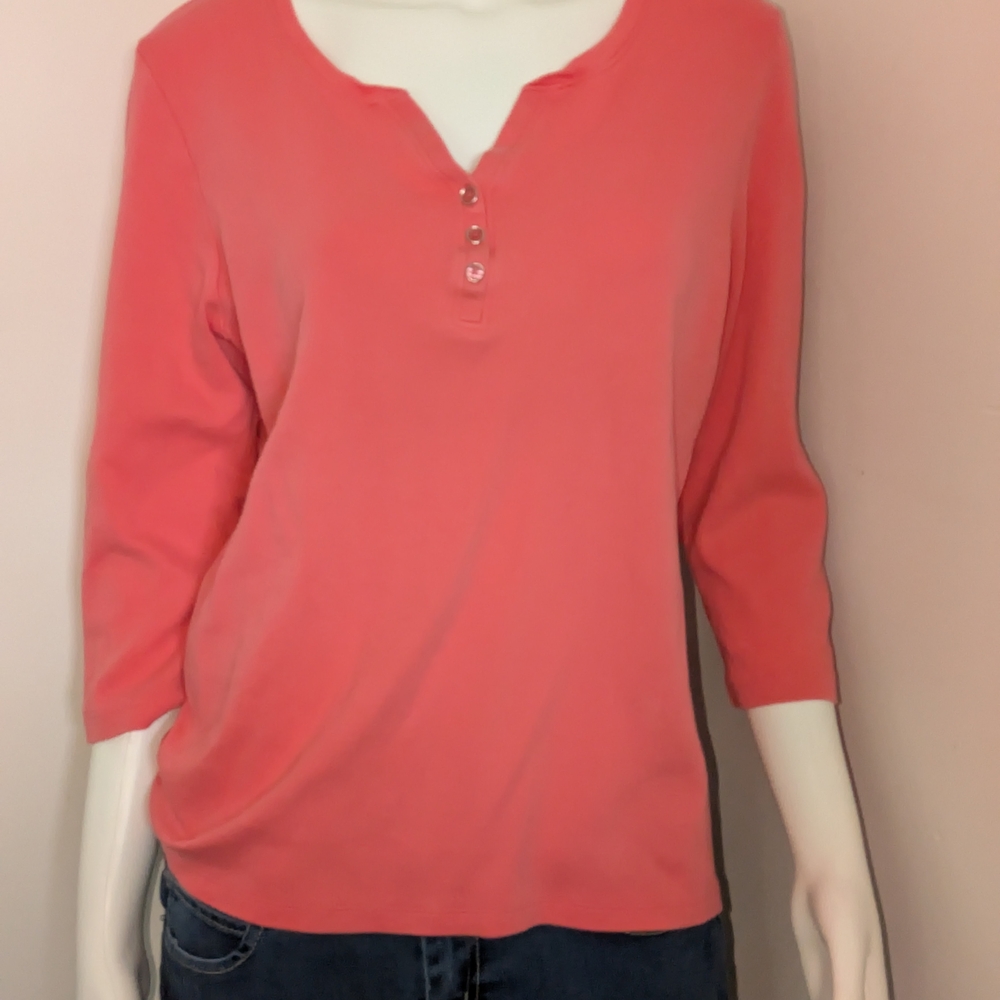 Karen Scott Coral Relaxed Buttoned Blouse